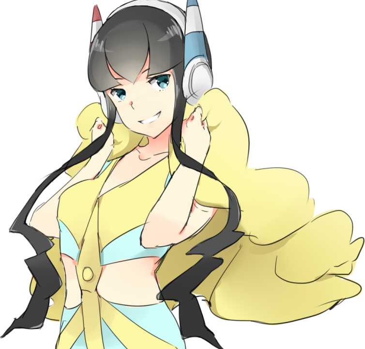 black_hair, blue_eyes, grin, headphones, kamitsure_(pokemon), long_hair, pokemon, pokemon_(game), pokemon_bw2, saviala, smile, solo