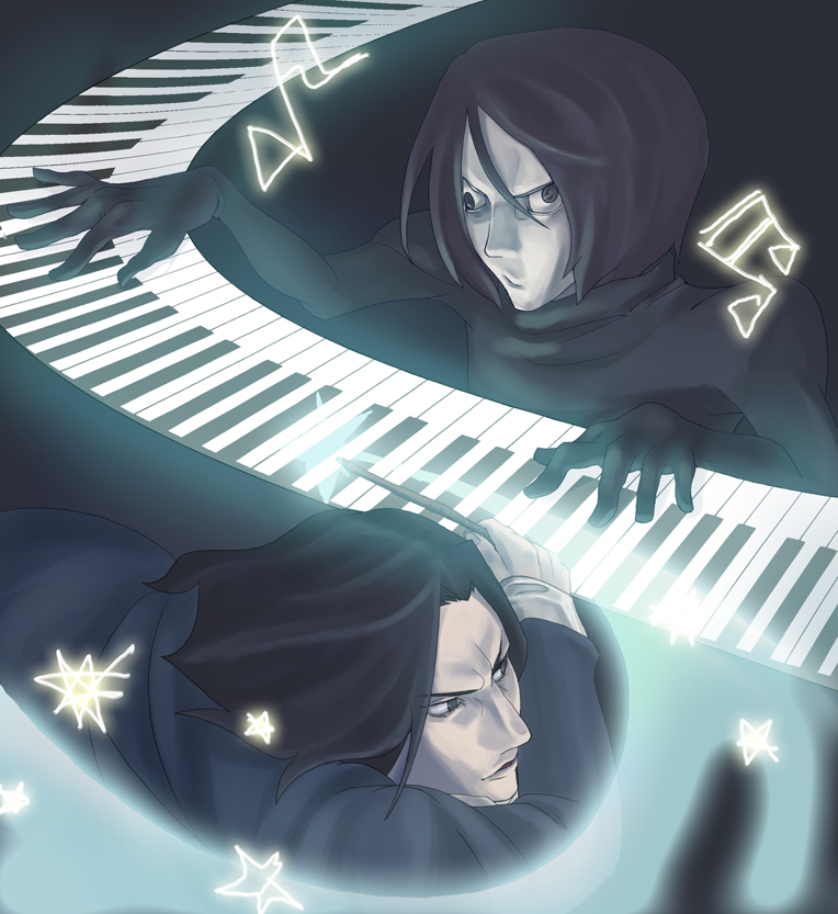 black_eyes, black_hair, character_request, crossed_eyes, dual_persona, gloves, harry_potter, instrument