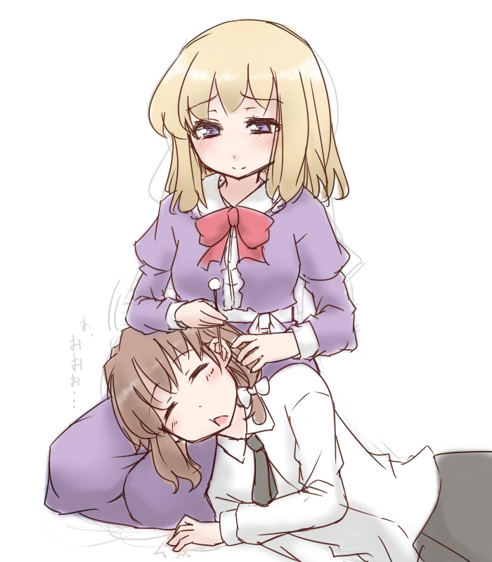 blonde_hair, bow, brown_hair, cleaning_ears, closed_eyes, dress, dress_shirt, eyes_closed