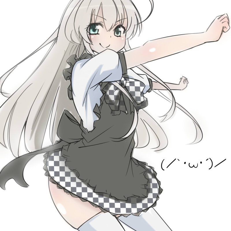 ahoge, checkered, checkered_skirt, green_eyes, grey_hair, haiyore!_nyaruko-san, kanaria_(artist), long_hair