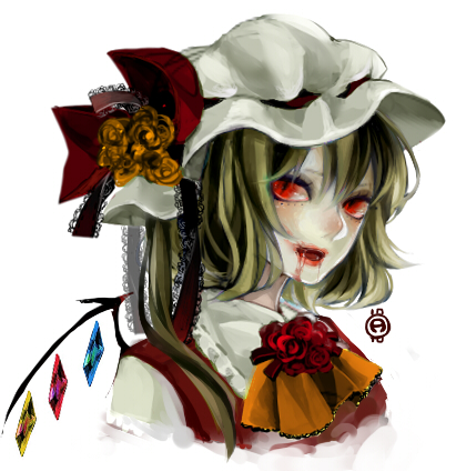 ascot, blonde_hair, blood, bust, flandre_scarlet, hat, lips, lipstick