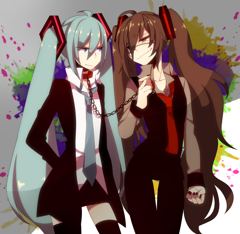 aqua_eyes, aqua_hair, black_hair, chain, chains, collar, dark_persona, dual_persona, eyepatch, hatsune_miku, leash, long_hair, multiple_girls, necktie, oniyama831, red_eyes, skirt, smile, thigh-highs, thighhighs, twintails, very_long_hair, vocaloid, zatsune_miku, zettai_ryouiki
