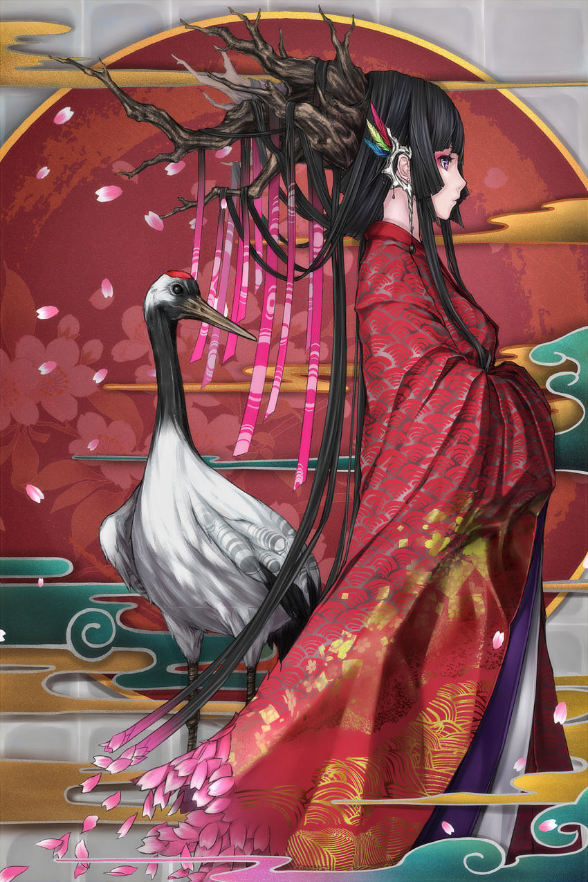 black_hair, branch, cherry_blossoms, crane_(animal), egasumi, eyeshadow, feathers, flower