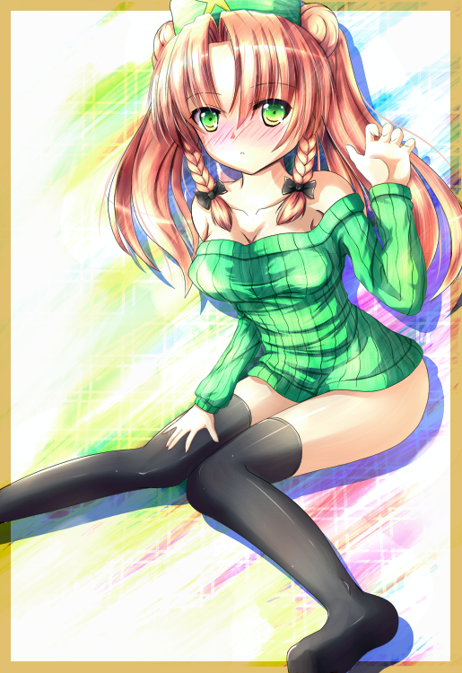 alternate_costume, bad_id, black_legwear, blush, braid, breasts, cleavage, double_bun