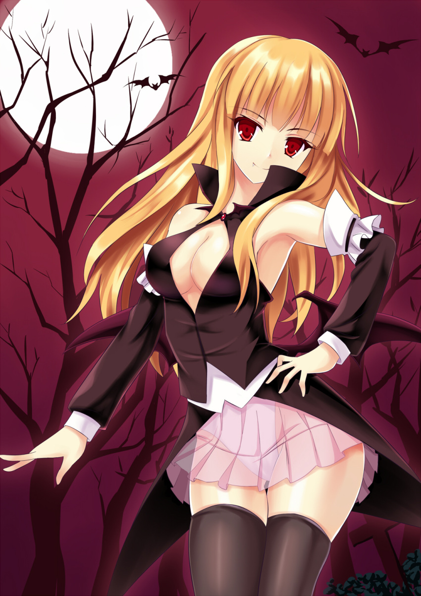 bare_shoulders, bare_tree, bat, black_legwear, blonde_hair, breasts, cleavage, copyright_request