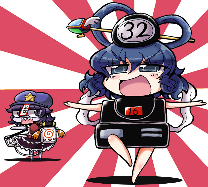 blue_eyes, blue_hair, chibi, computer_keyboard, dreamcast, fantasy_zone, hair_rings, hair_stick