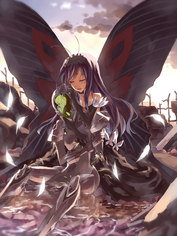 antenna_hair, arita_haruyuki, armor, asuka_(louyun), bare_shoulders, black_hair, butterfly, butterfly_wings