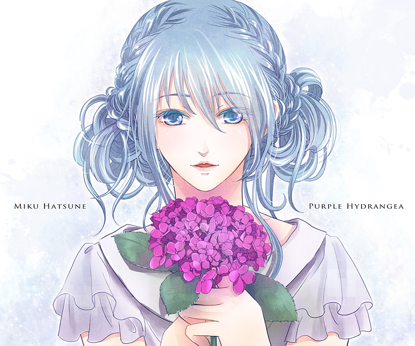 alternate_hairstyle, blue_eyes, blue_hair, flower, hatsune_miku, hazuki_(azana), solo, vocaloid