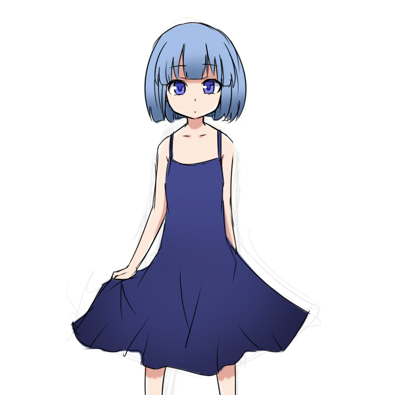 alternate_costume, alternate_hairstyle, bare_shoulders, blue_dress, blue_eyes, blue_hair, bob_cut, dress