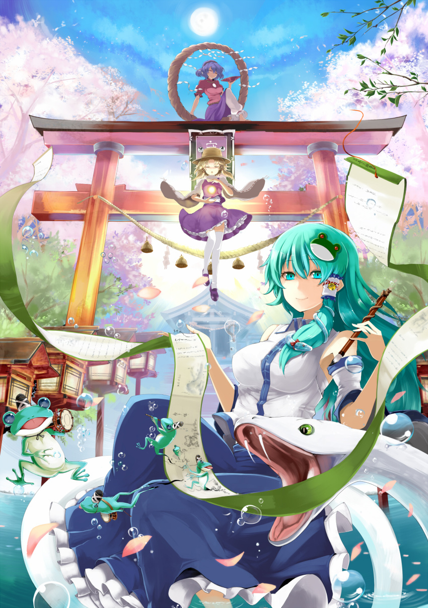bare_shoulders, bell, blonde_hair, building, cherry_blossoms, closed_eyes, detached_sleeves, east_asian_architecture