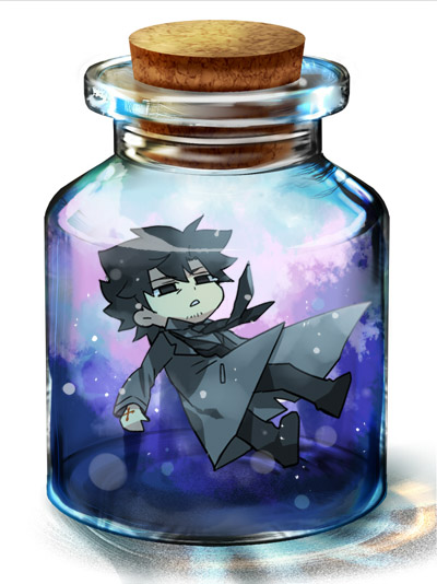 black_eyes, black_hair, bottle, chibi, emiya_kiritsugu, falling, fate/zero, fate_(series)