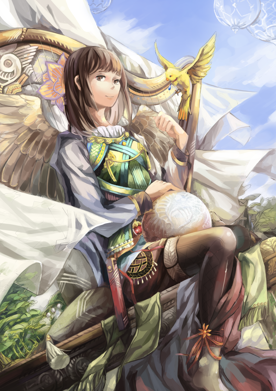 aleya, alternate_costume, ball, bird, brown_eyes, brown_hair, deuce_(fft-0), final_fantasy