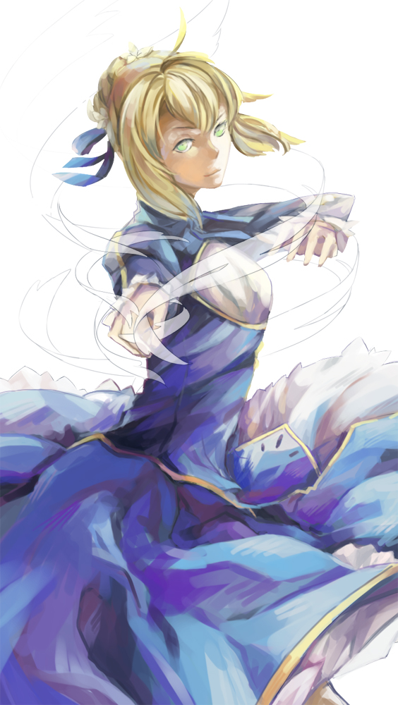 ahoge, aleya, blonde_hair, dress, fate/zero, fate_(series), green_eyes, hair_ribbon, invisible_air, ribbon, saber, solo, wind