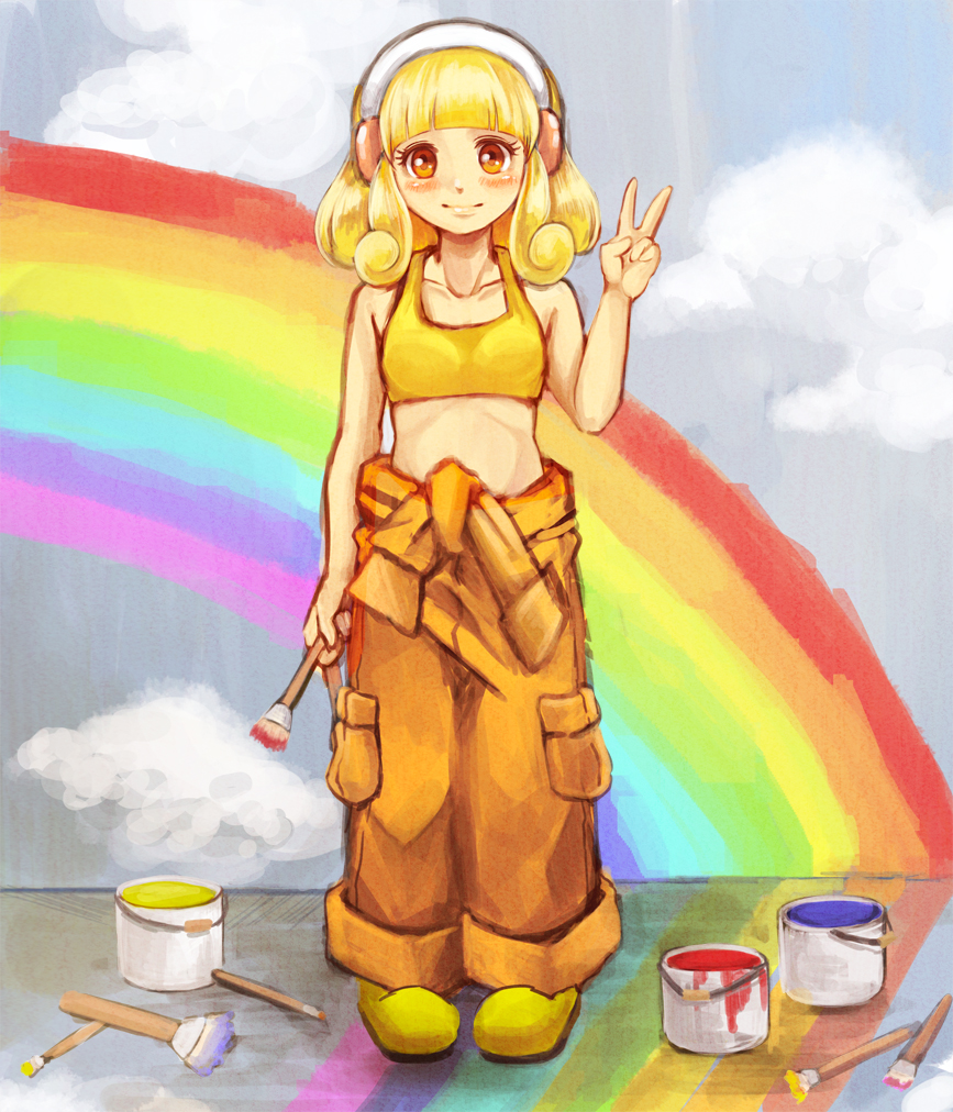 bare_shoulders, blonde_hair, blush, cloud, clouds, crop_top, hairband, holding