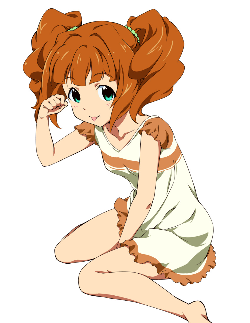:p, aqua_eyes, barefoot, dress, highres, idolmaster, orange_hair, paw_pose