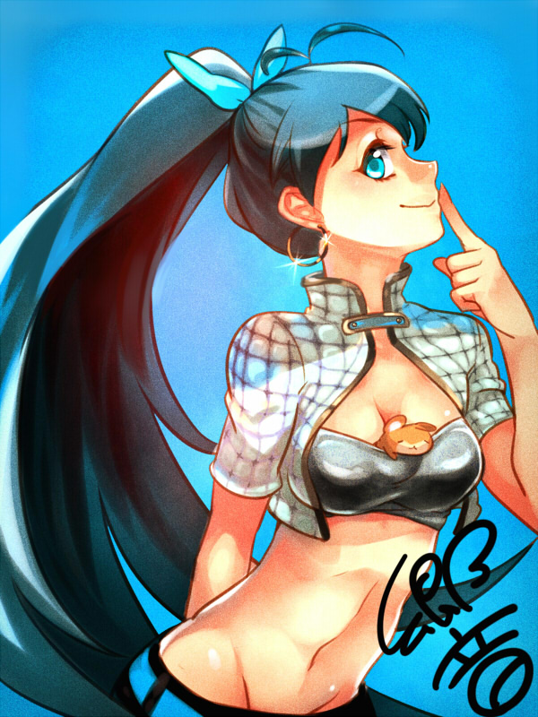 between_breasts, black_hair, blue_eyes, breasts, cleavage, cool_&amp;_sexy_(idolmaster), earrings, ganaha_hibiki