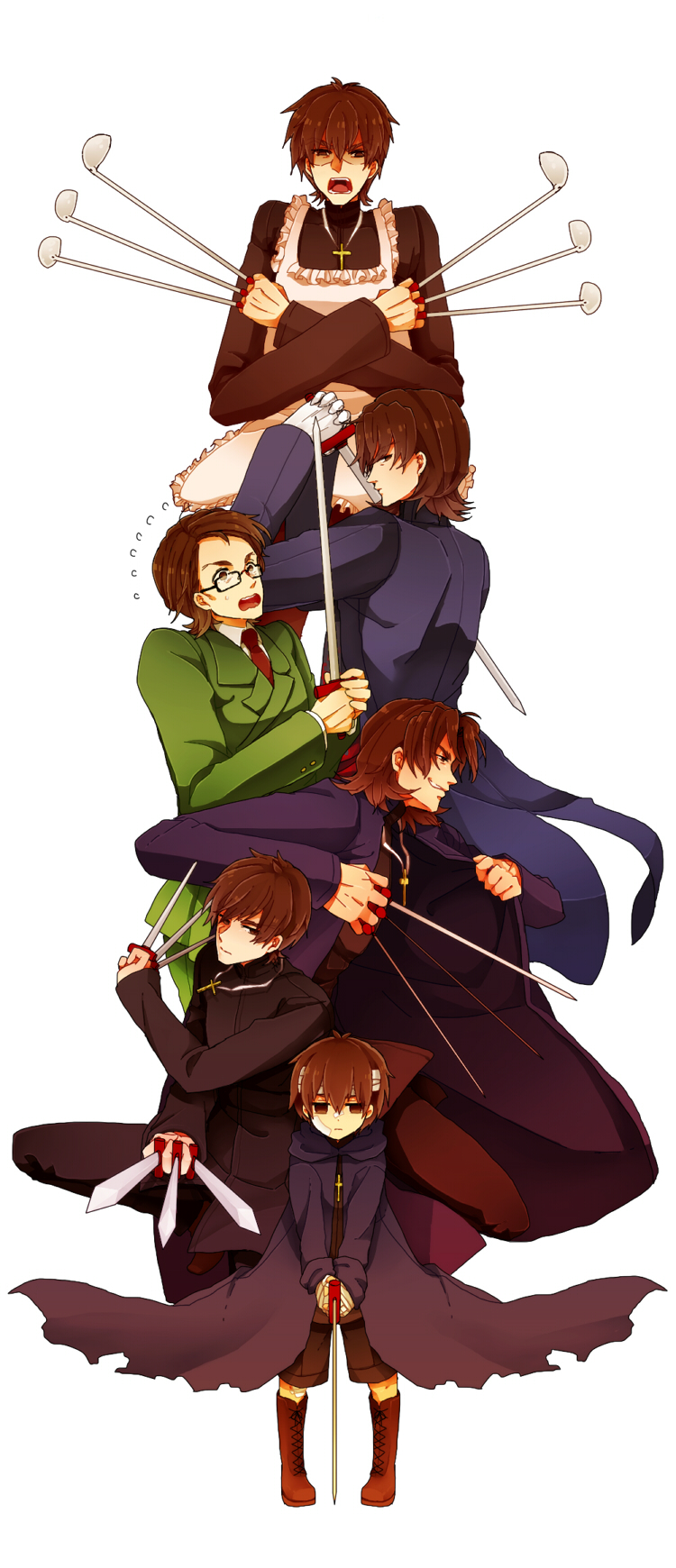 apron, between_fingers, black_keys, brown_eyes, brown_hair, cassock, child, cross, fate/extra, fate/stay_night, fate/tiger_colosseum, fate/zero, fate_(series), flying_sweatdrops, formal, glasses, highres, kotomine_kirei, ladle, male, multiple_boys, multiple_persona, nekoyamiyako, sensha_otoko, short_hair, simple_background, suit, white_background, young