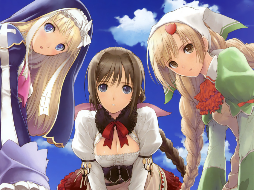 3girls, :o, blonde_hair, blue_eyes, braid, breasts, brown_eyes, brown_hair