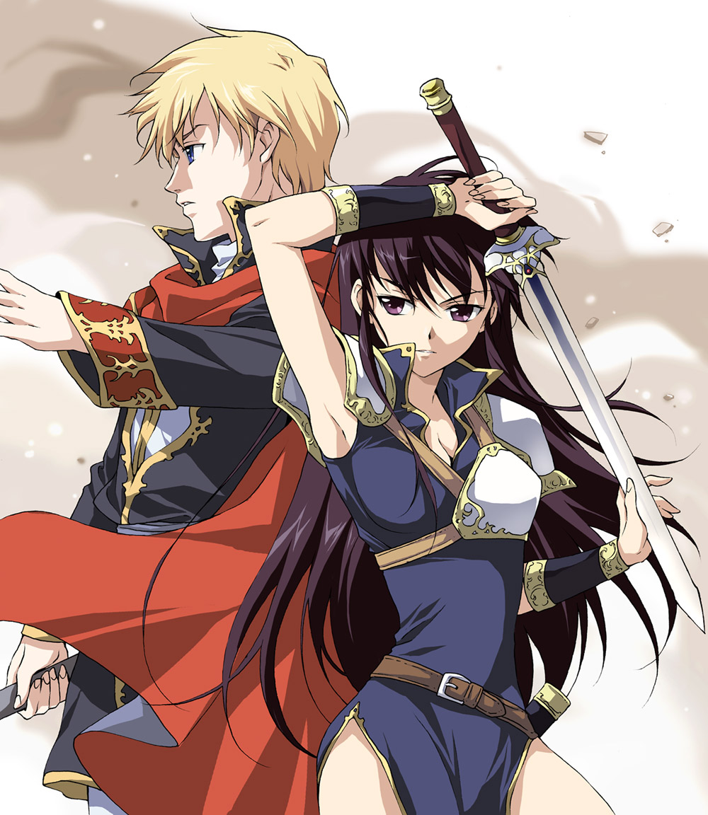 1girl, agahari, aira, aira_(fire_emblem), armor, armpits, black_hair, blonde_hair, couple, fire_emblem, fire_emblem:_seisen_no_keifu, fire_emblem_genealogy_of_the_holy_war, long_hair, noish, noish_(fire_emblem), sword, weapon