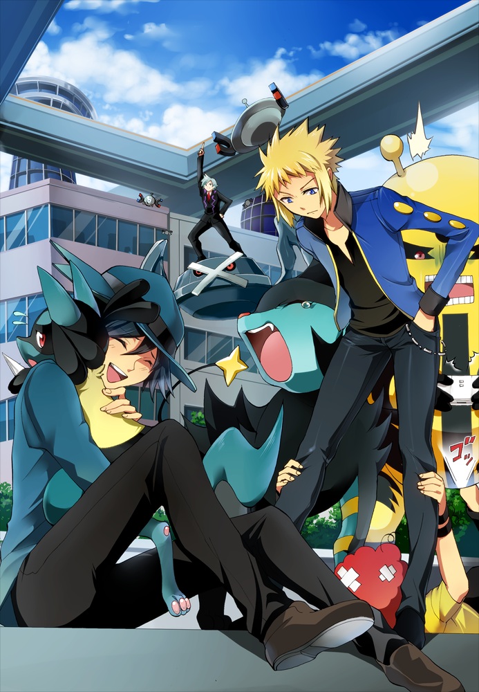 building, city, denji_(pokemon), electivire, flying, gen_(pokemon), hand_in_pocket, hat