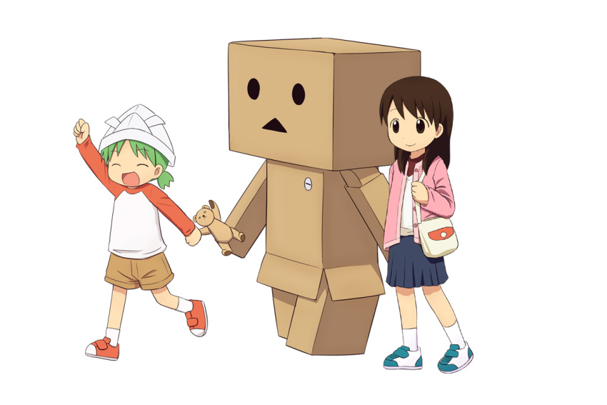 arm_up, ayase_ena, bag, brown_hair, child, closed_eyes, danbo, duralumin