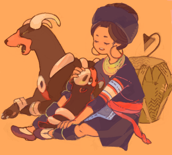 beso, dog, drawr, earrings, houndoom, houndour, jewelry, orange_background, petting, pokemon, puppy, yawning