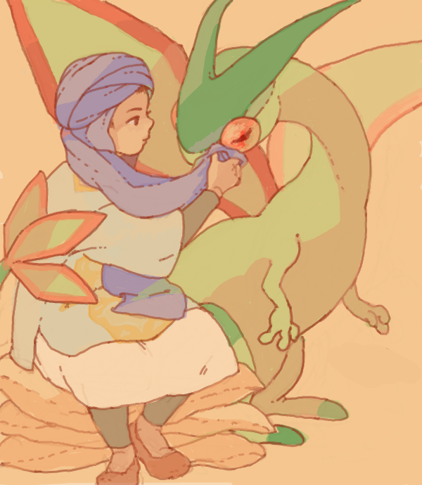 1boy, beso, drawr, flygon, orange_background, petting, pokemon, sitting