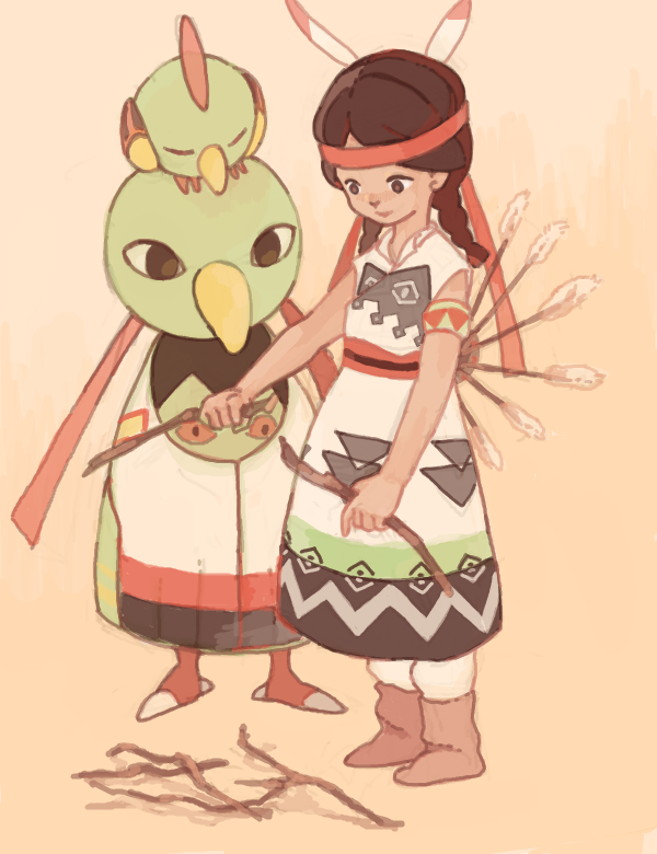 1girl, beso, bird, black_hair, braid, brown_eyes, cultural, drawr, dress, feathers, geometric_pattern, hair_ornament, headband, moccasins, native_american_clothes, native_american_dress, natu, orange_background, pokemon, standing, stick, traditional_clothes, tribal_pattern, twintails, wood, xatu, zig-zag