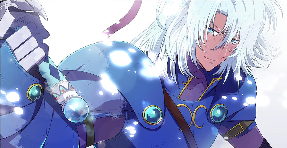 armor, blue_eyes, dark_skin, gloves, male, nic_(kevin), smile, solo, tales_of_(series), tales_of_destiny, white_background, white_hair, woodrow_kelvin