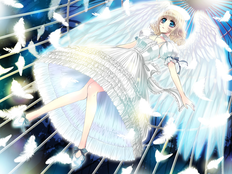 birdcage, blue_eyes, cage, copyright_request, dress, feathers, flying, open_mouth