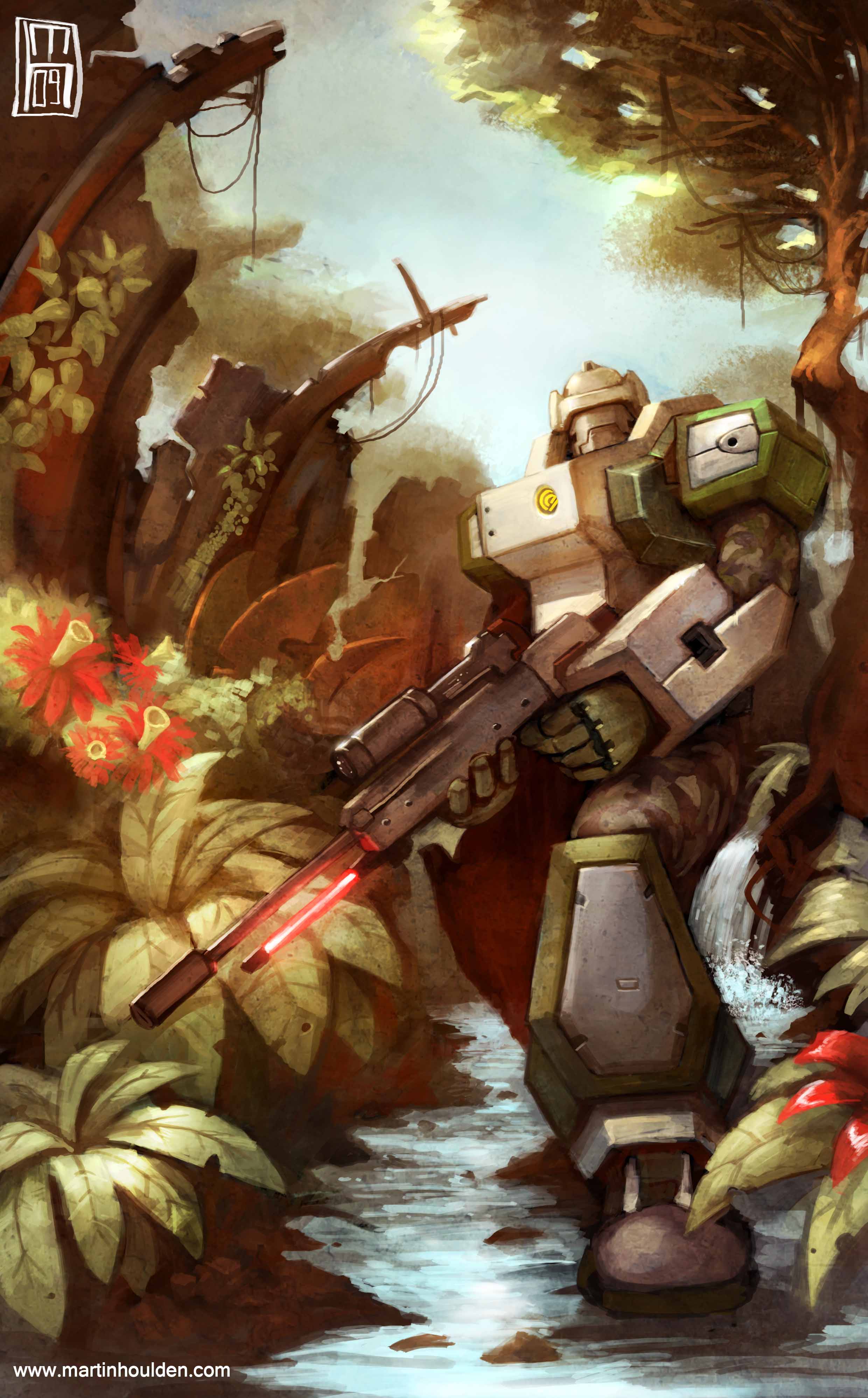 absurdres, blue_sky, camouflage, flower, forest, gun, highres, jungle, looking_at_viewer, male, martin_houlden, nature, overgrown, phantasy_star, phantasy_star_online, racast, rifle, robot, ruins, signature, sky, solo, standing, stream, tree, water, weapon