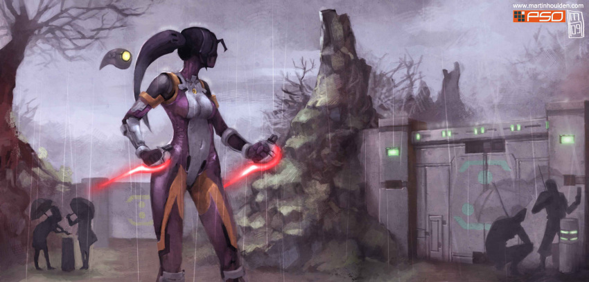 absurdres, android, bare_tree, cloudy_sky, dual_wielding, energy_weapon, forest, highres