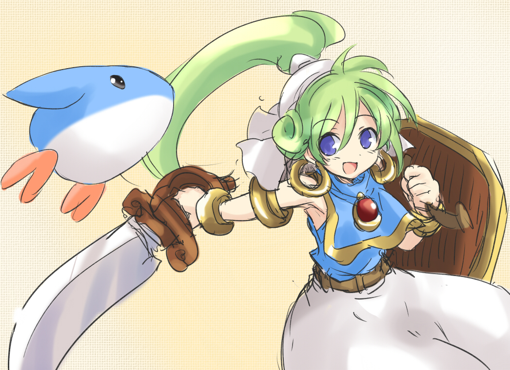 asha_(monster_world), blue_eyes, green_hair, long_hair, monster_world, monster_world_4, monster_world_iv, open_mouth