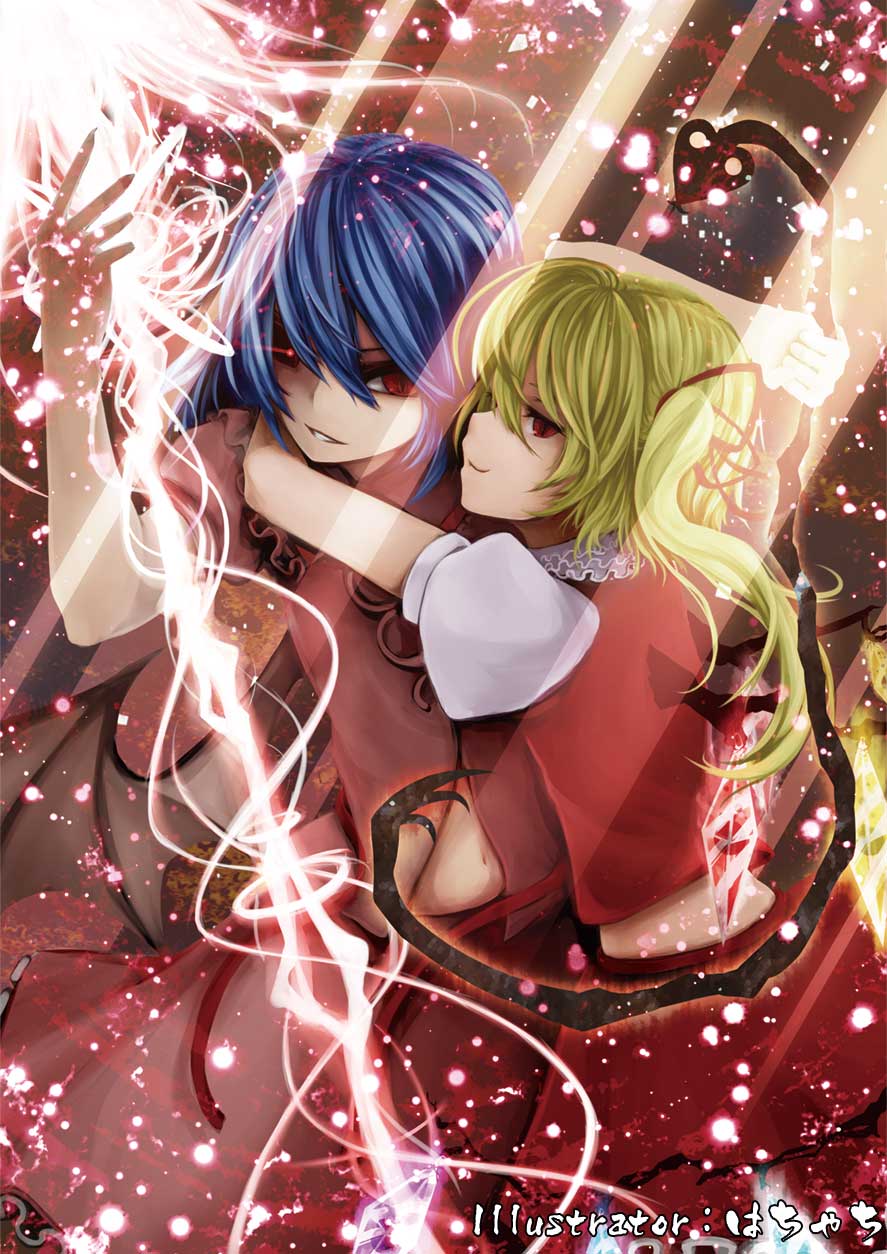 bat_wings, blonde_hair, blue_hair, flandre_scarlet, frills, glowing, glowing_eye, glowing_weapon