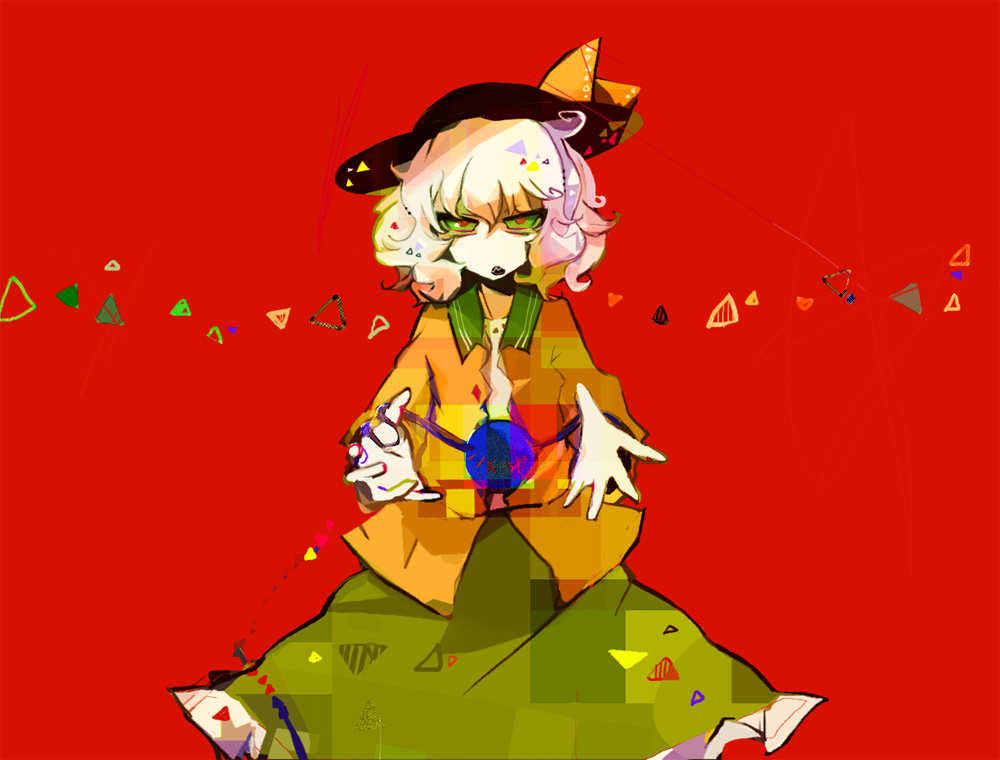 green_eyes, hat, komeiji_koishi, multicolored_eyes, red_pupils, short_hair, silver_hair, simple_background