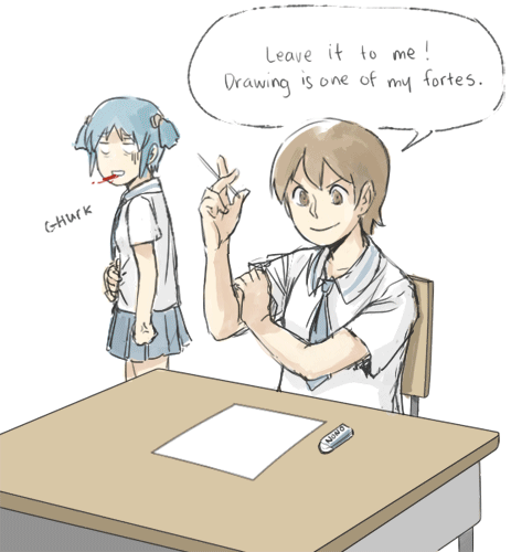 2girls, aioi_yuuko, animated, animated_gif, blood, blue_hair, brand_name_imitation, brown_eyes