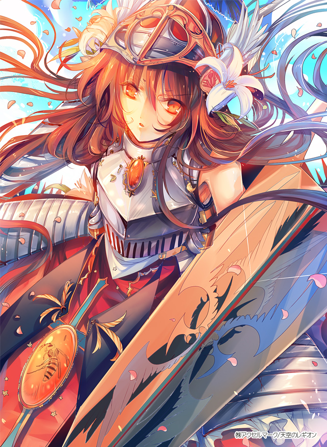 armor, bad_id, flower, hair_flower, hair_ornament, kirero, long_hair, original, shield, solo, wasp