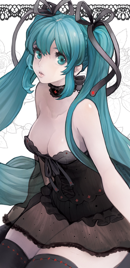 alternate_costume, aqua_eyes, aqua_hair, babydoll, bare_shoulders, blue_eyes, breasts, cleavage