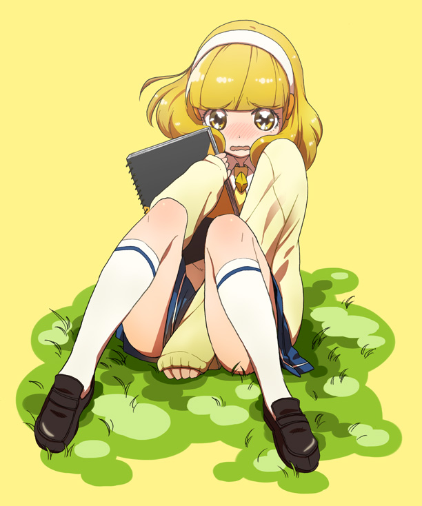 between_legs, blonde_hair, blush, cardigan, covering, covering_crotch, grass, hairband, kise_yayoi, loafers, open_mouth, pama, precure, school_uniform, shoes, short_hair, sitting, sketchbook, skirt, smile_precure!, solo, wavy_mouth, yellow_eyes
