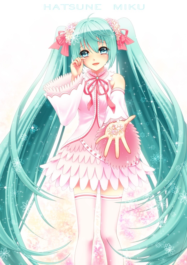 aqua_eyes, aqua_hair, detached_sleeves, flower, hair_flower, hair_ornament, hatsune_miku, long_hair