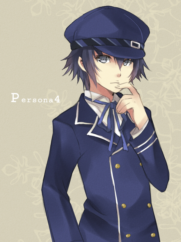 androgynous, blue_eyes, blue_hair, cabbie_hat, crossdressinging, female, hair_between_eyes, hand_on_own_face