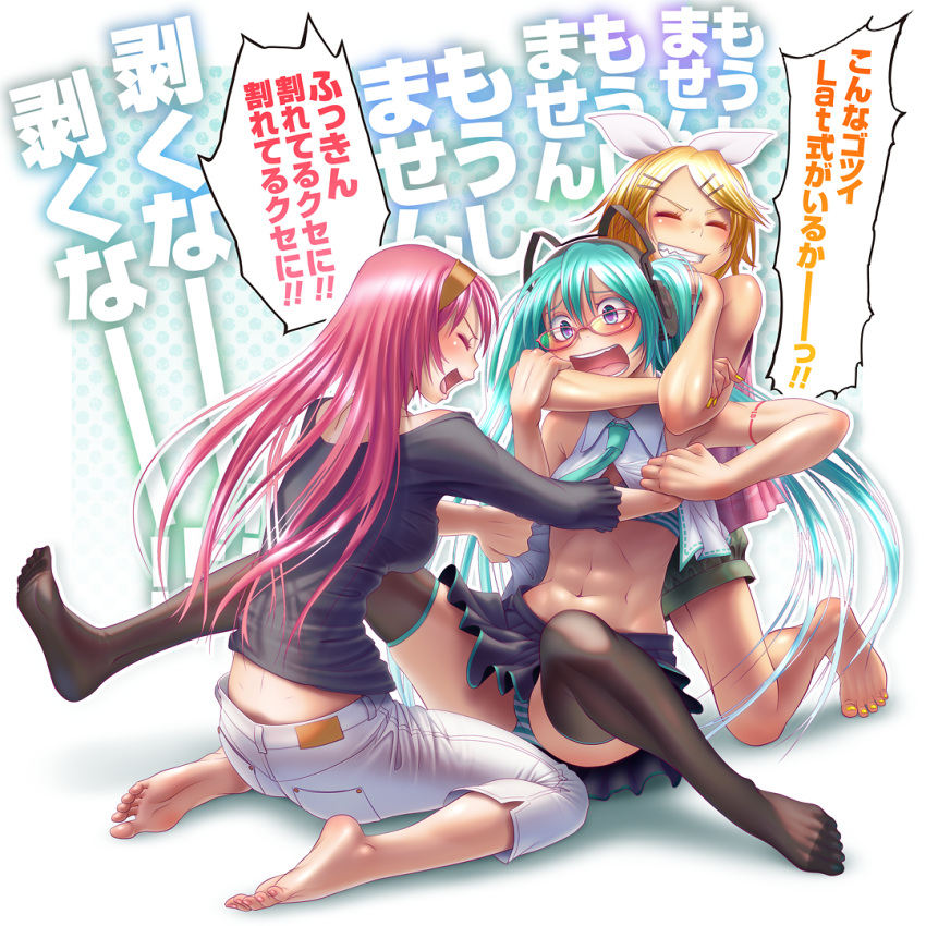 3girls, abs, aqua_hair, bare_shoulders, barefoot, bespectacled, black_legwear, blonde_hair