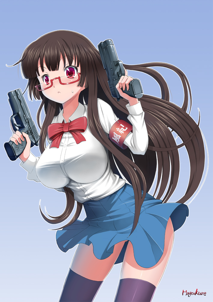 armband, bangs, blush, bow, breasts, brown_hair, copyright_request, dual_wielding, glasses, gradient, gradient_background, gun, large_breasts, leaning_forward, long_hair, long_sleeves, number10_(hagakure), p228, pistol, pleated_skirt, purple_legwear, red-framed_glasses, red_eyes, school_uniform, semi-rimless_glasses, sig_sauer, simple_background, skirt, solo, suzumiya_haruhi_no_yuuutsu, sweatdrop, taut_shirt, thigh-highs, thighhighs, trigger_discipline, under-rim_glasses, very_long_hair, weapon