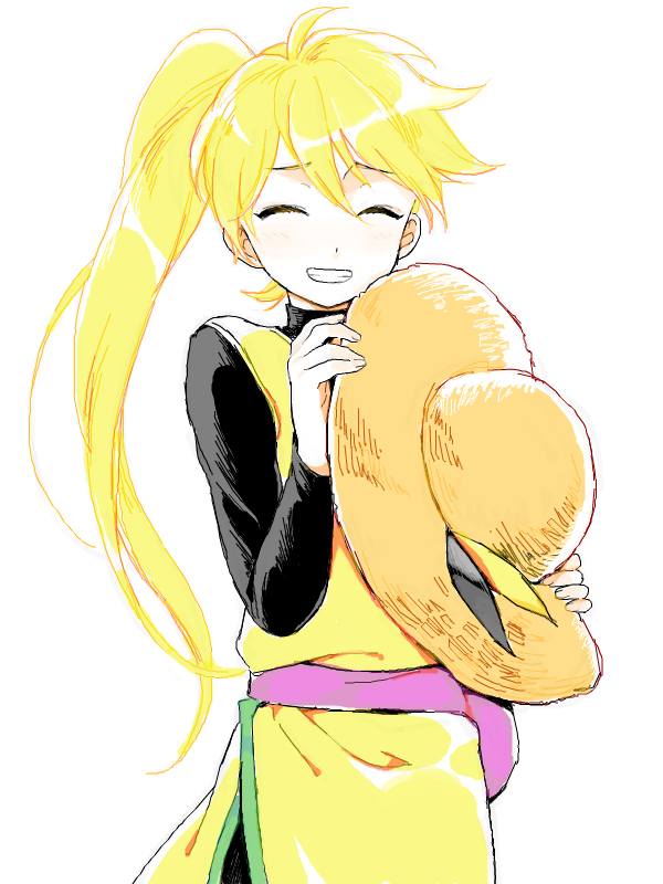 blonde_hair, closed_eyes, drawr, eyes_closed, hat, headwear_removed, hirosuke, holding, homopero, long_hair, pokemon, pokemon_special, ponytail, smile, solo, yellow_(pokemon)