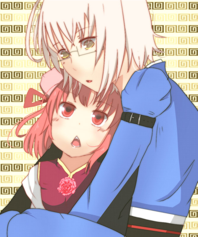 1boy, 1girl, ahoge, blush, chinese_clothes, delta_(pixiv2768620), fang, flower
