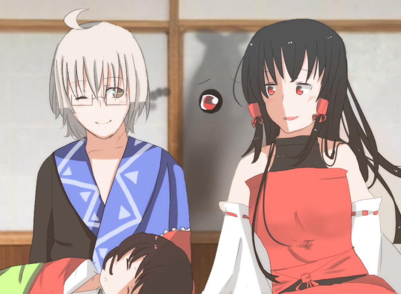 3girls, ahoge, bow, brown_hair, child, collarbone, delta_(pixiv2768620), detached_sleeves