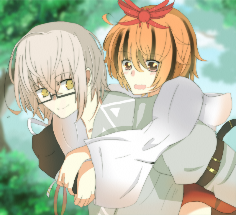 1boy, 1girl, ahoge, blush, carrying, collarbone, delta_(pixiv2768620), glasses
