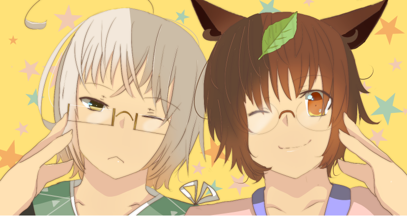 1boy, 1girl, ahoge, animal_ears, brown_hair, collarbone, delta_(pixiv2768620), futatsuiwa_mamizou