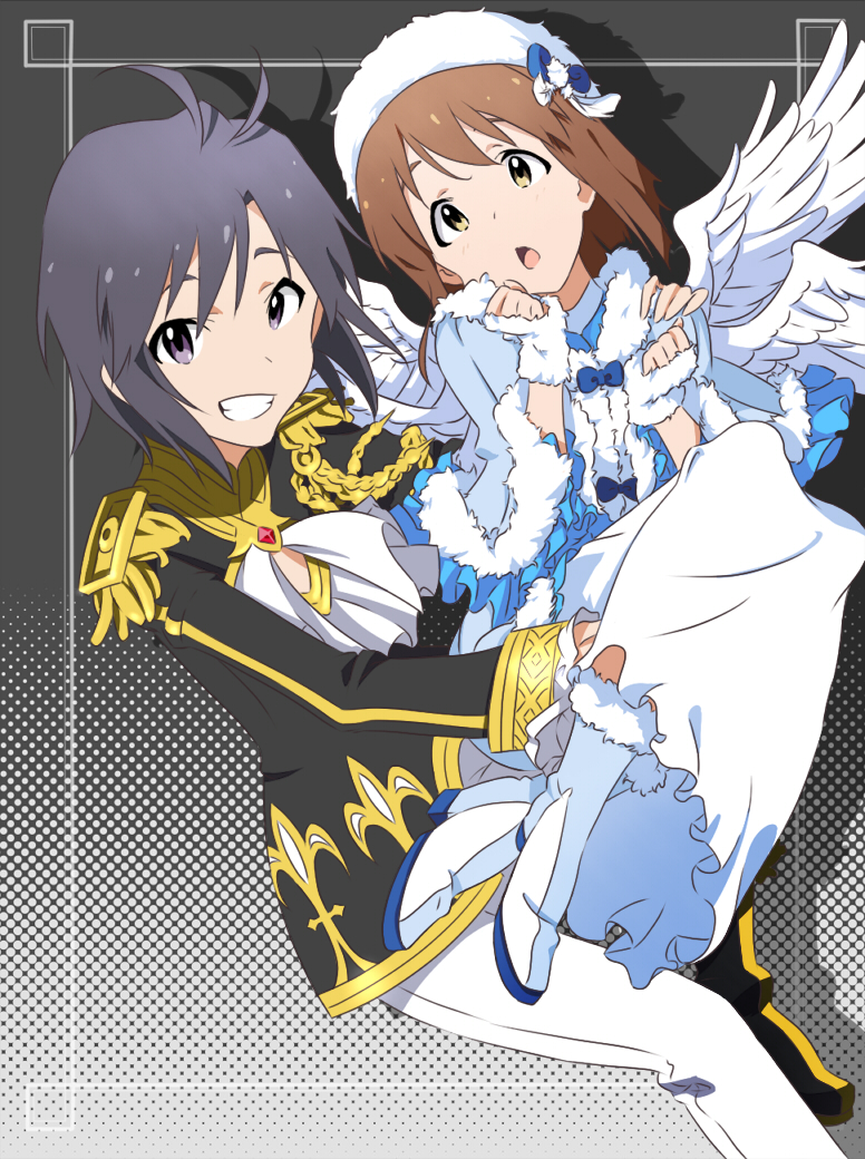 2girls, antenna_hair, black_eyes, black_hair, boots, brown_eyes, brown_hair, dress