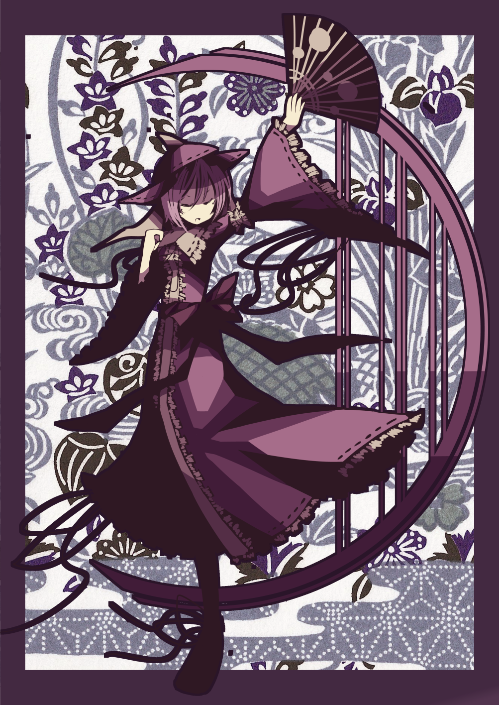 asa_no_ha_(pattern), breasts, clair_(v0yance), clair_805, closed_eyes, dress, eyes_closed, fan, folding_fan, hat, highres, japanese_clothes, open_mouth, saigyouji_yuyuko, short_hair, solo, spot_color, touhou, triangular_headpiece